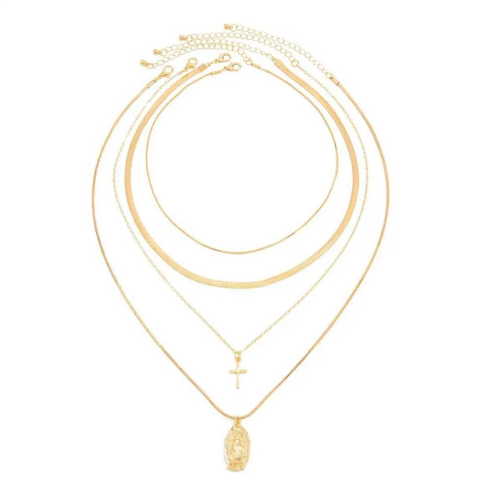 SHIXIN 4Pcs/Set Minimalist Cross Jesus Pendant Metal Necklace Gold Color Multi-layer Adjustable Choker Chain Women Jewelry Gift