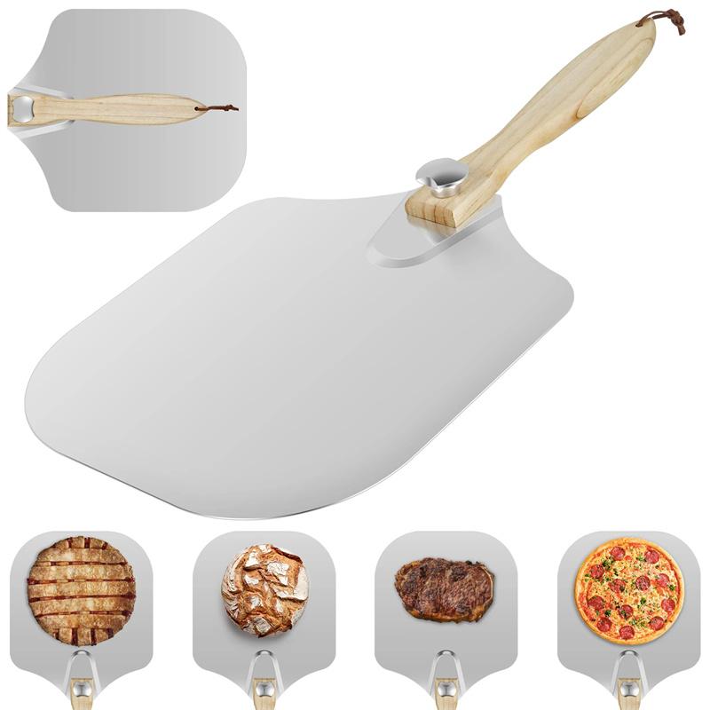 Aluminum Metal Pizza Shovel Spatula with Foldable Wooden Handle Nonstick Oven Cake Lifter Transfer Tray Baking Homemade Bread