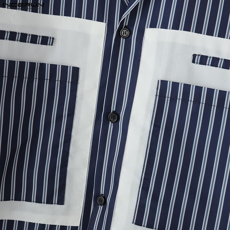 INCERUN Übergroße Herren Langarm Gestreiftes Druckhemd Lässig Locker Knopfleisten-Oberteile