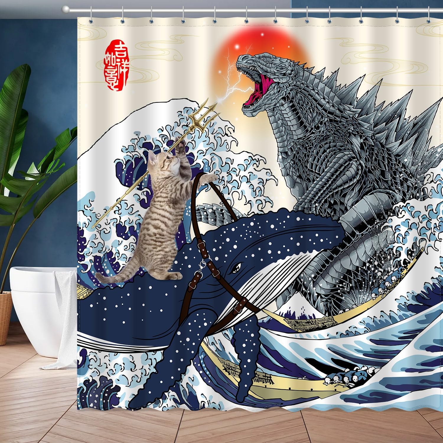 

Cat Monster Dinosaur Shower Curtain Set, Funny Japanese Anime Sun Ocean Waves Kids Home Bathroom Decor Waterproof Fabric Bath W60H190(CM)-1 Pcs