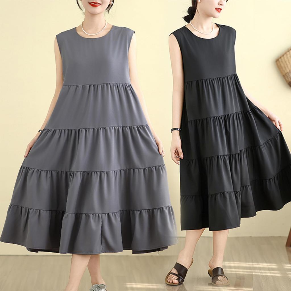 Sleeveless Long Dress with Contrast Summer Loose Perfect for Everyday and Autumn [MSFQSNB] Women's Pattern, Dress, Figure-Flattering, Cool, Fit,