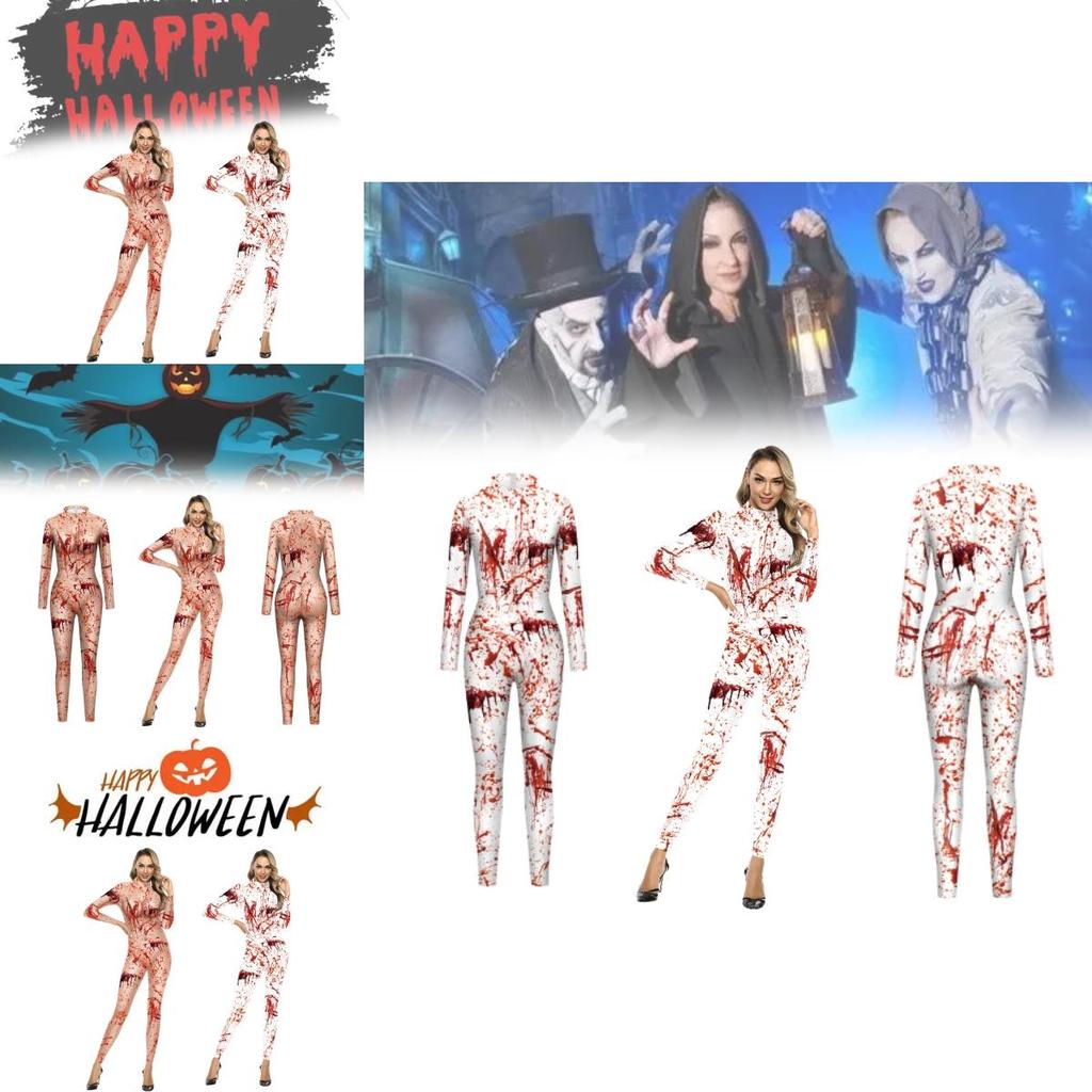 Trendy 2024 European And American Style Women's Halloween Jumpsuit With Bloodstain Digital Print Design