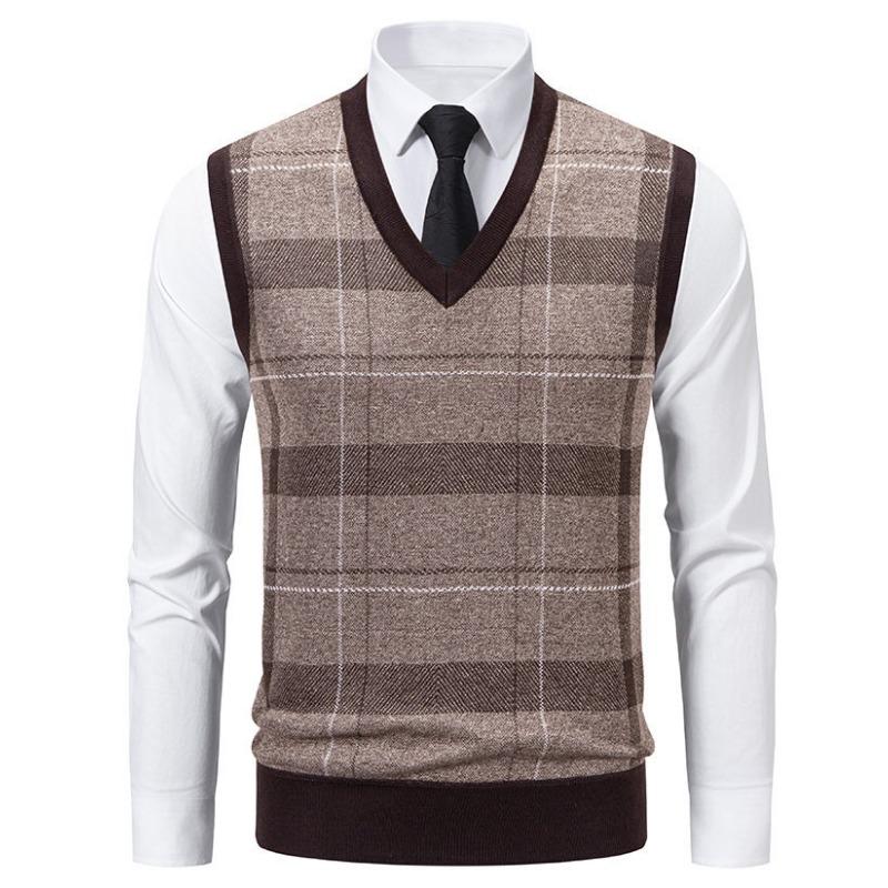 Men Thickened Fleece Plaid Loose Pullover Sleeveless Knit Sweater Vest