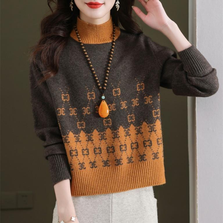 

Короткий свитер женский осенне-зимний с полувысоким воротником вязаный свитер свободный и повседневный с длинным рукавом пуловер S оранжевый