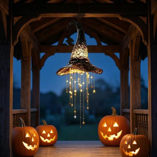 Mysterious Witch Hat Ornament Lighted Hanging Chime, LED Glowing Hollow with Halloween for Garden Star Tassels, Witches Hat, Porch Yard Window