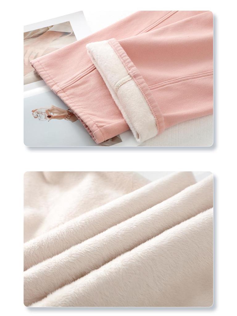 Women's Pink Fleece-Lined Wide-Leg Jeans - 2024 Autumn/Winter Collection