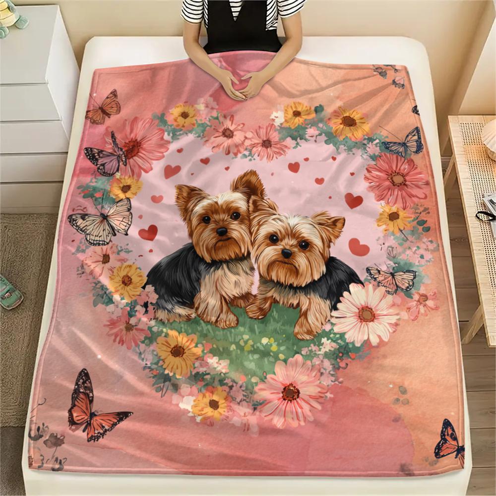 Yorkshire Terrier and Hearts pattern Flannel Blanket, High quality Comfortable for All Seasons, Home Decor, Warmth and Comfort, Perfect for Gifts.