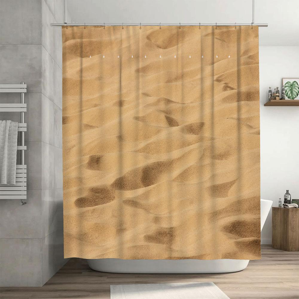 Beige Sand Shower Curtain Bath Rug Decorative Print Waterproof Fabric For Bathroom 72 X 84 Inches With Rings (Set)