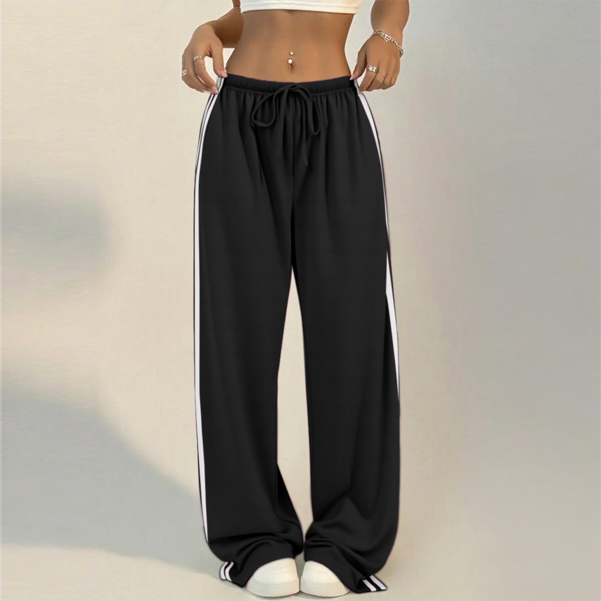 Women s High-waisted Loose Wide Leg Pants, Side Stripe Straight Casual Sports Trousers, Slimming Drapey All-match Bottoms L чёрный