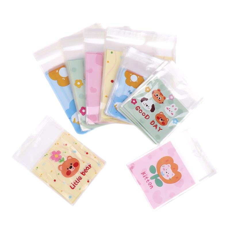 100Pcs 7X7+3Cm 10X10+3Cm Cute Cartoon Animal Printed Plastic Self-Adhesive Bags Cookie Biscuits Snack Package For Home Bakeries