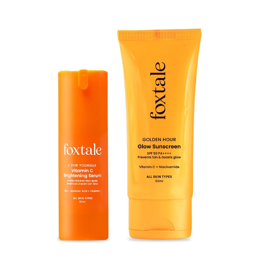 Foxtale Bright Days Duo | 15% Vitamin C Serum for Bright & Even Skin + SPF 50 PA++++ Glow Sunscreen with Vitamin C & Niacinamide | Fades Dark Spots