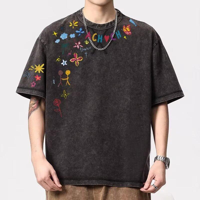 

Новая футболка с принтом, с коротким рукавом, для мужчин, летняя, в корейском стиле, трендовая, простая, с рукавом до локтя, в гонконгском стиле, свободная, повседневная 5XL серый