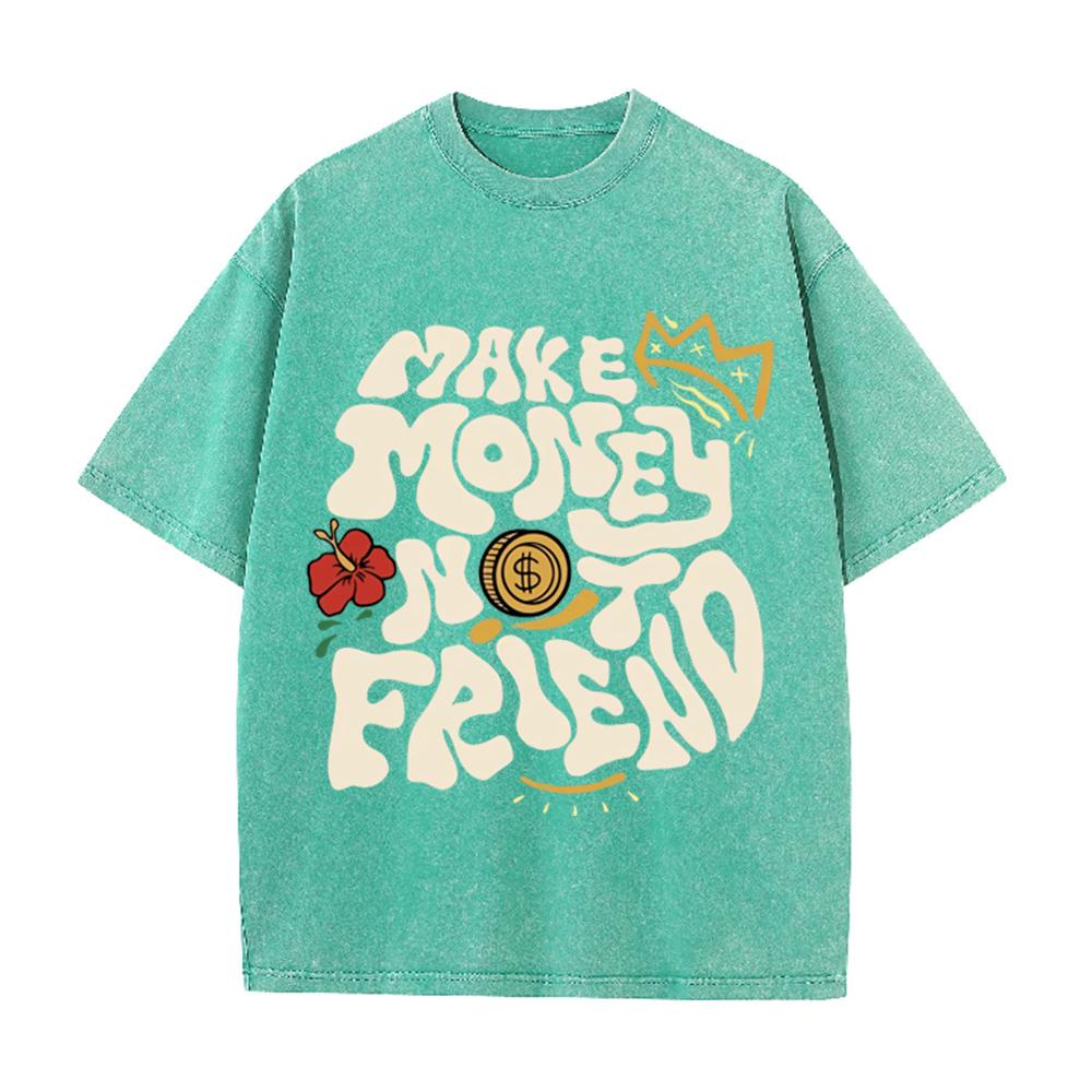 2026 Vintage Washed Black Make Money Not Friend Bubble Letter Graphic T Shirt Crown Coin Floral Oversized Streetwear Short Sleev