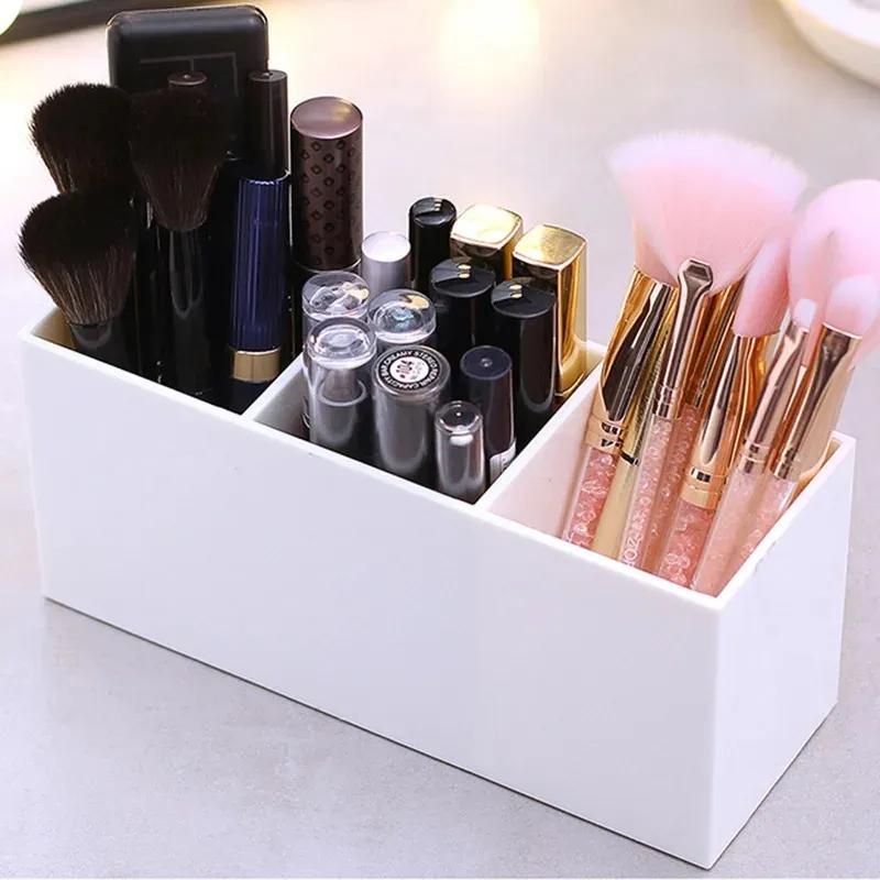 3 mřížky Organizér na štětce na make-up Plastový stolek Nádoba na kosmetické pero Držák na štětec na obočí Úložný box na rtěnku/laky na nehty