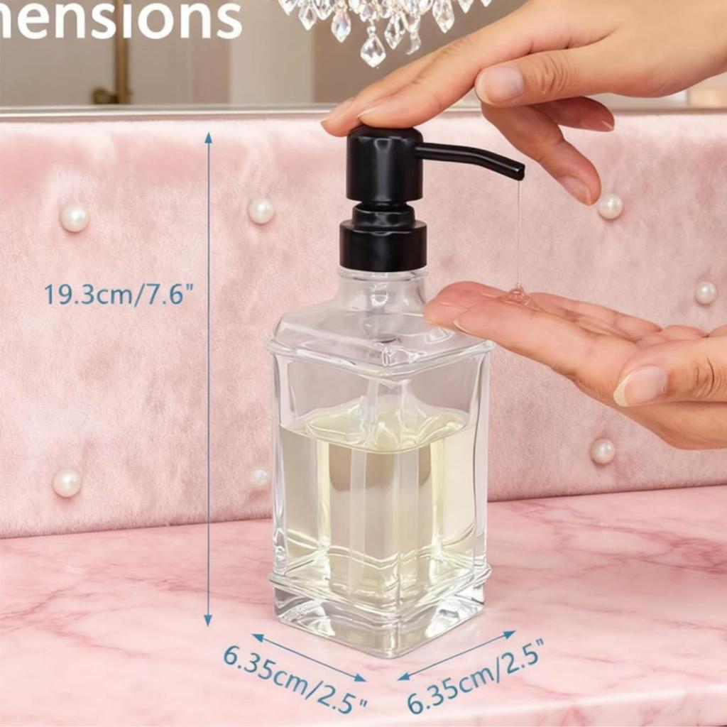 Refillable 300ml Square Glass Soap and Hand Sanitizer Dispenser Bottle.