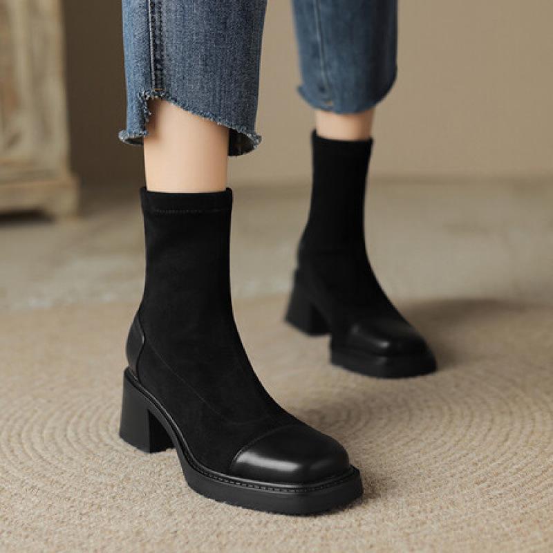 Korean version of the new suede medium heel large size women's boots thick-soled non-slip leather boots round head medium boots square and autumn a