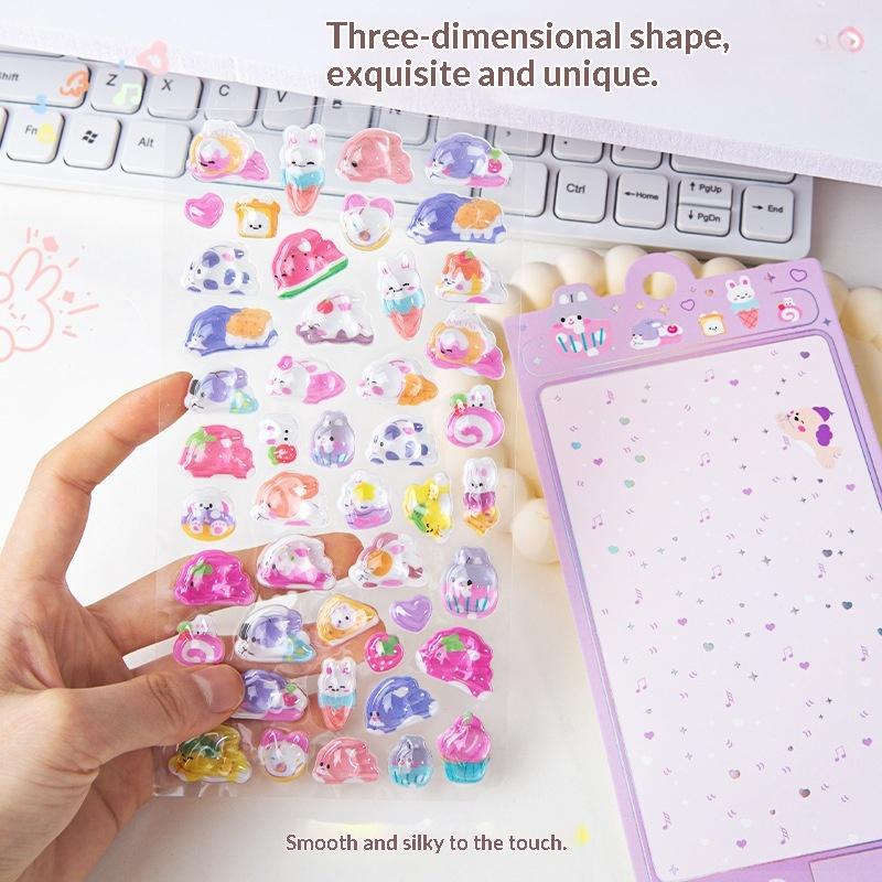 Cute Cartoon Animal 3D Crystal Drip Glue Relief Stickers Fun Aesthetic Stickers Diy Phone Case Diary Stationery Sticker Gift
