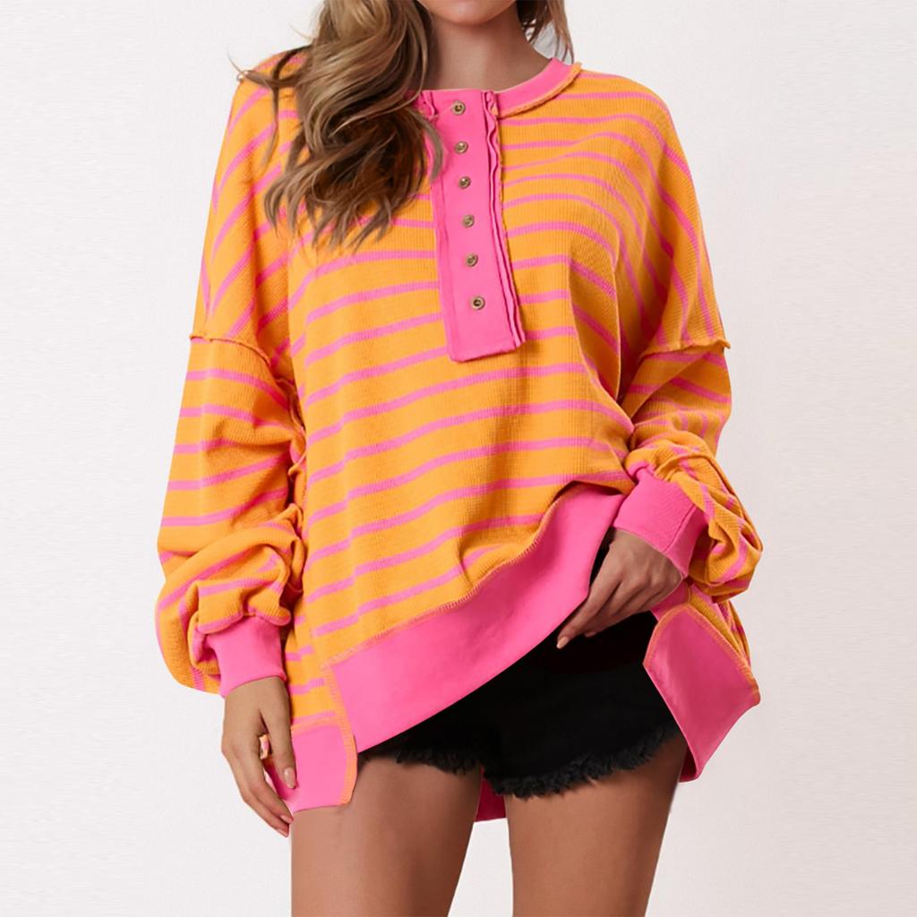 Women's Fashion Striped Round Neck Long Sleeve Button Top Color Blocked  Pullover Sweatshirt Top