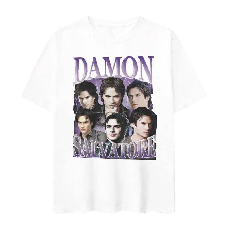 Retro Damon Salvatore IanSomerhalder TV Drama Pattern Tshirt for WomenGothic Fashion Summer Tshirt for Women's Street Wear