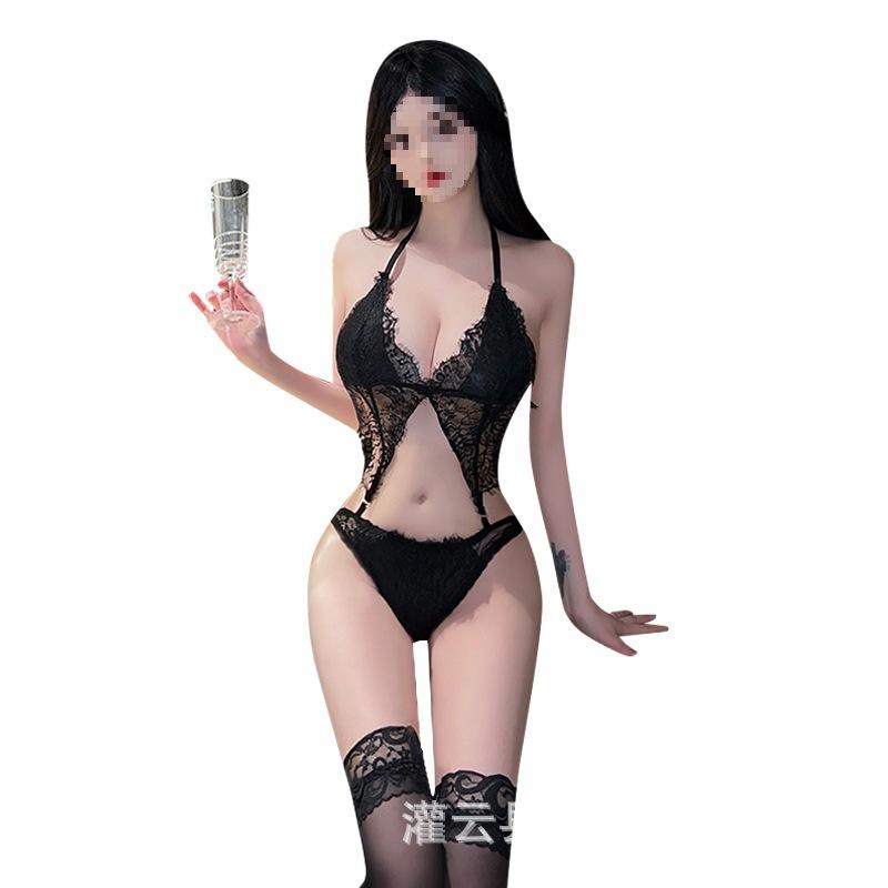 Sexy Perspective Neck Lingerie Lace Cover One-piece Pajamas Night Fans Women Hollowed Out Temptation