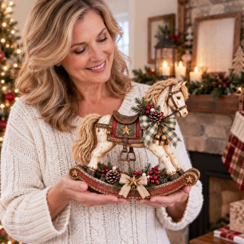 Distressed Rocking Horse Ornament Classic Holiday with Scarf and Bells Festive