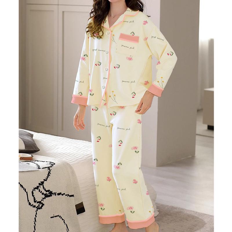 French Floral Faux Cotton Women's Pajama Set - Spring/Autumn Long Sleeve & Pants, Loose Cardigan Style for Middle-aged Women.