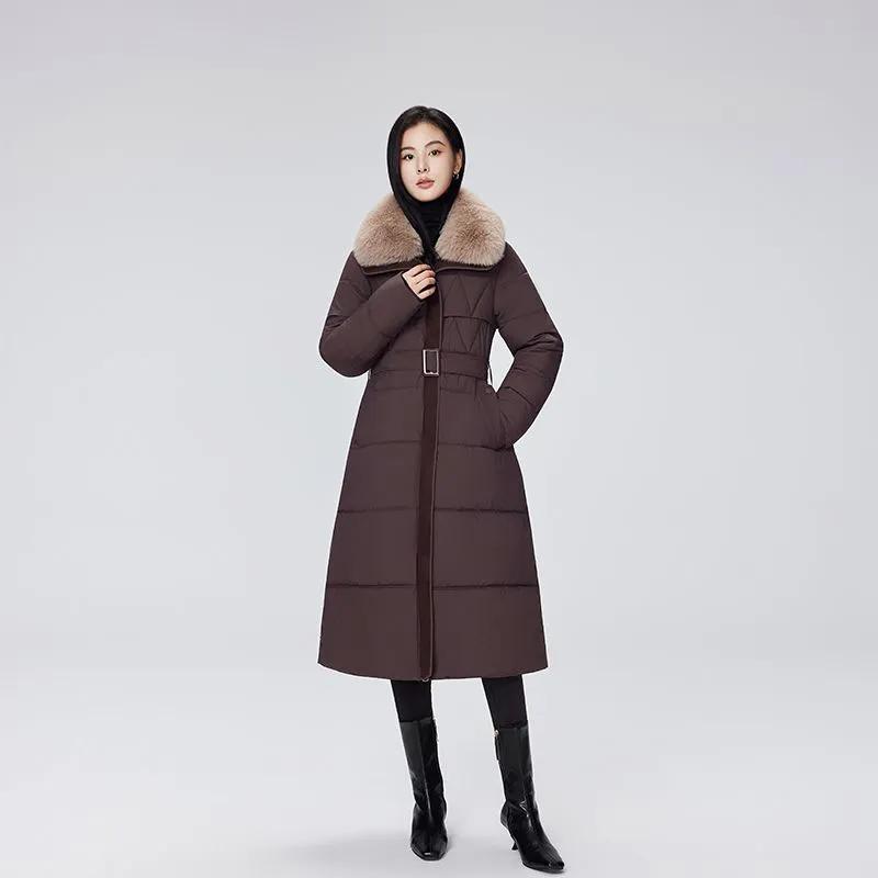 Modischer Winterparka Damen X-lang Baumwollgepolsterte Jacken Verdicken Warmer Mantel Streetwear Großer Pelzkragen Gürtel Schlanke Oberbekleidung