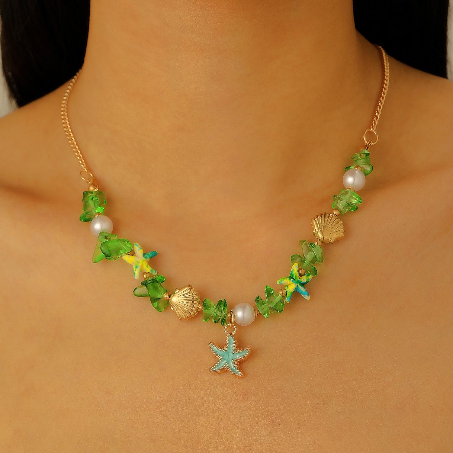 

Sweet Summer Choker Necklace for Women Dopamine Seashell Starfish Pendant Asymmetrical Seaside Layered Chain Boho Zircon Gift 40cm