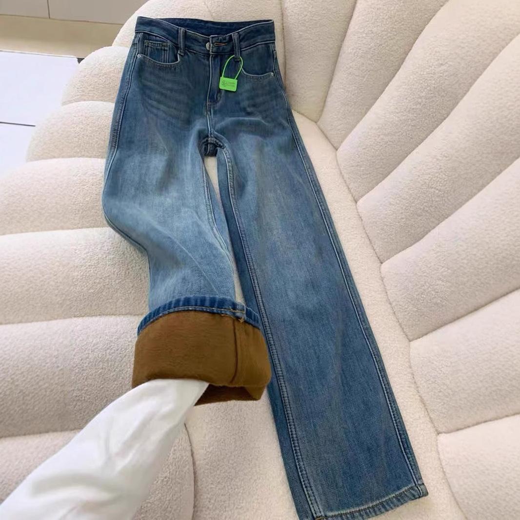

Retro Blue Plus Velvet Thickened Warm Loose Straight Jeans for Women In Autumn and Winter New High-waisted Slim and Narrow Wide-leg Pants S