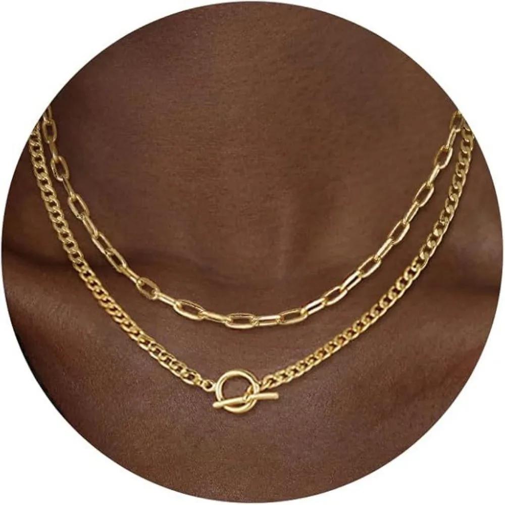 Gold Layered Necklace for Women Cuban Link Paperclip Chain Toggle Clasp Necklace Jewelry