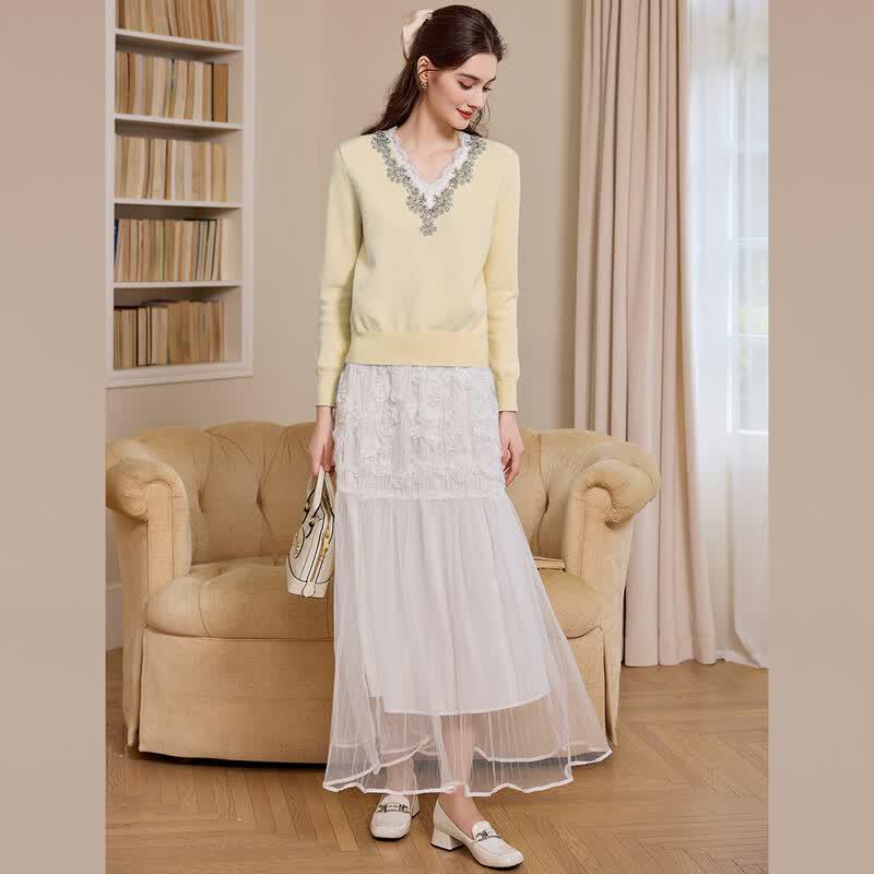 Bailuyu French Elegant V-Neck Beaded Knit Sweater