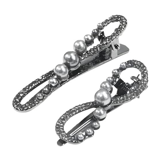 Audio Fan Hairpin Pearl Clip Set of 2, Rhinestone Sparkly Elegant Hair Accessories, Black Gunmetal, Figure-8 Pearl Duckbill Clip
