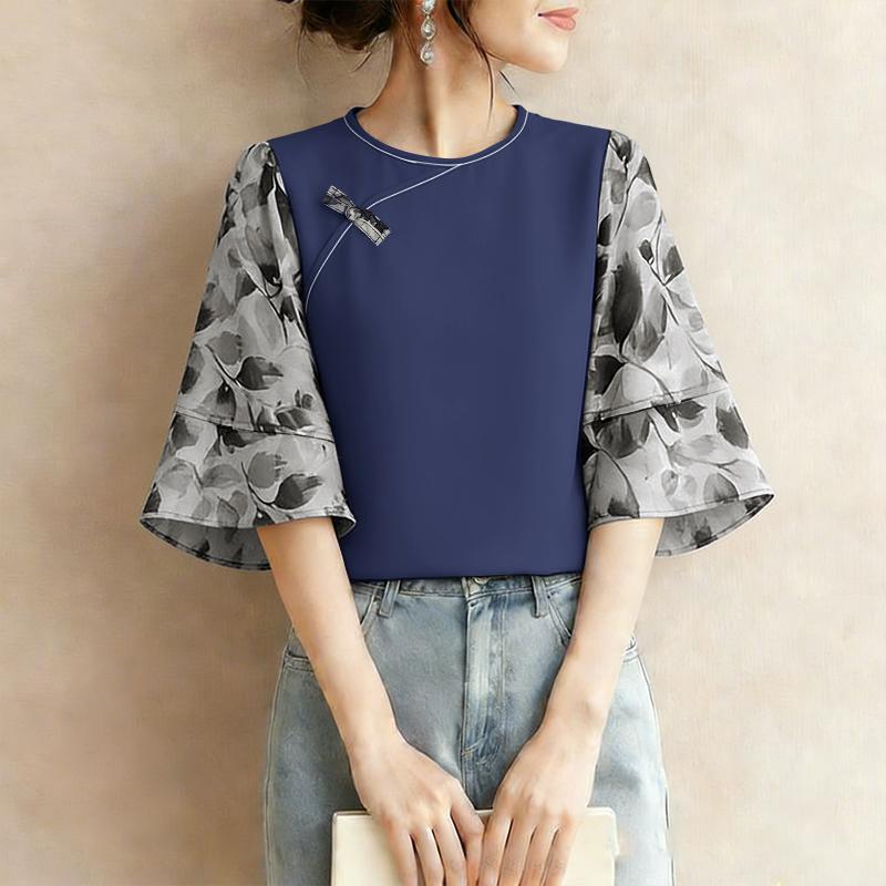 ZANZEA Damen Lässige Rundhals 3/4 Ärmel Locker Patchwork Bluse