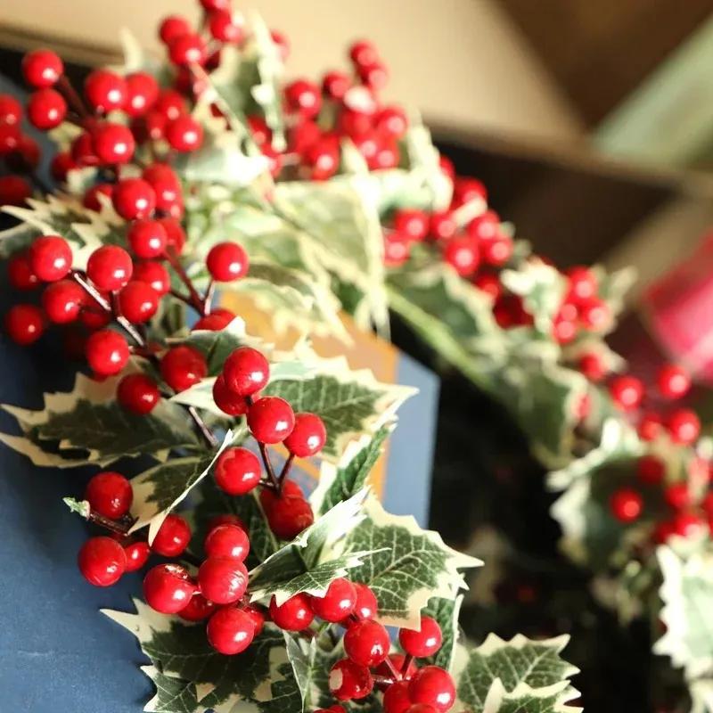 1-10PCS Artificial Holly Leaf and Red Berry Garland Wall Hanging Christmas Decoration Faux Vine for Home Holiday Atmosphere