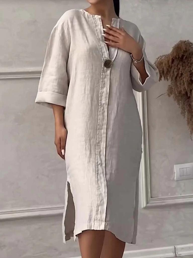 Women's New Cotton Linen Solid Color Casual Round Neck Button Long Dress