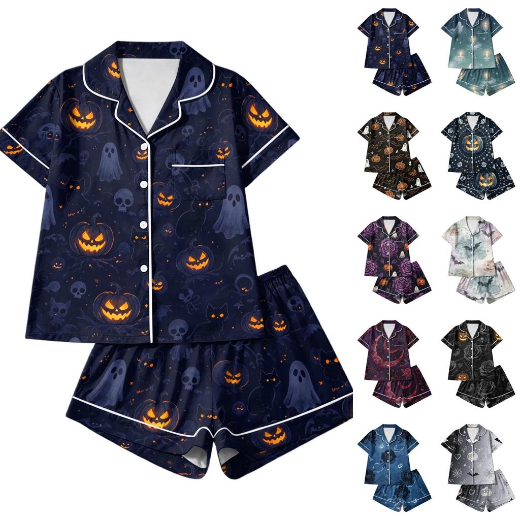 Women's Halloween Printed Pajama Two-Piece Set - Comfortable Sleepwear for Home & Sleep
