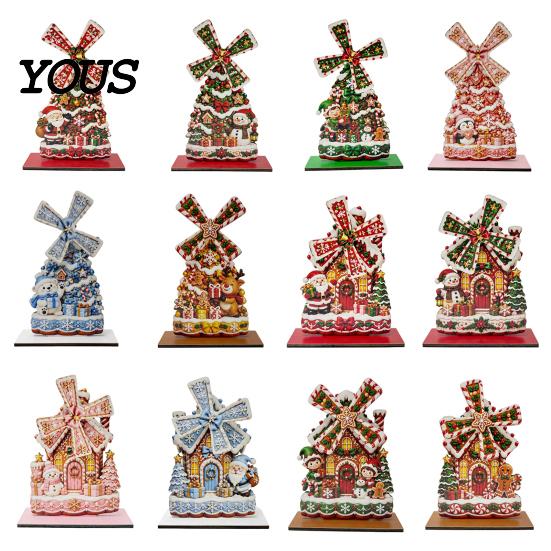 Handmade Christmas Atmosphere Props Windmill Wooden Ornament, Decorative Craft with Rotating Indoor Winter Holiday Display Blades, Figurine