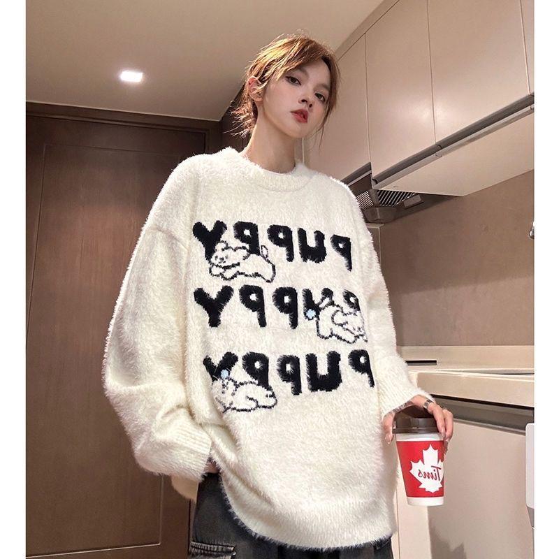 

Японский Каваи Милый Вязаный Свитер с Щенком для Женщин - Толстый, Мягкий, Свободного Кроя для Осени/Зимы Double Extra Large белый