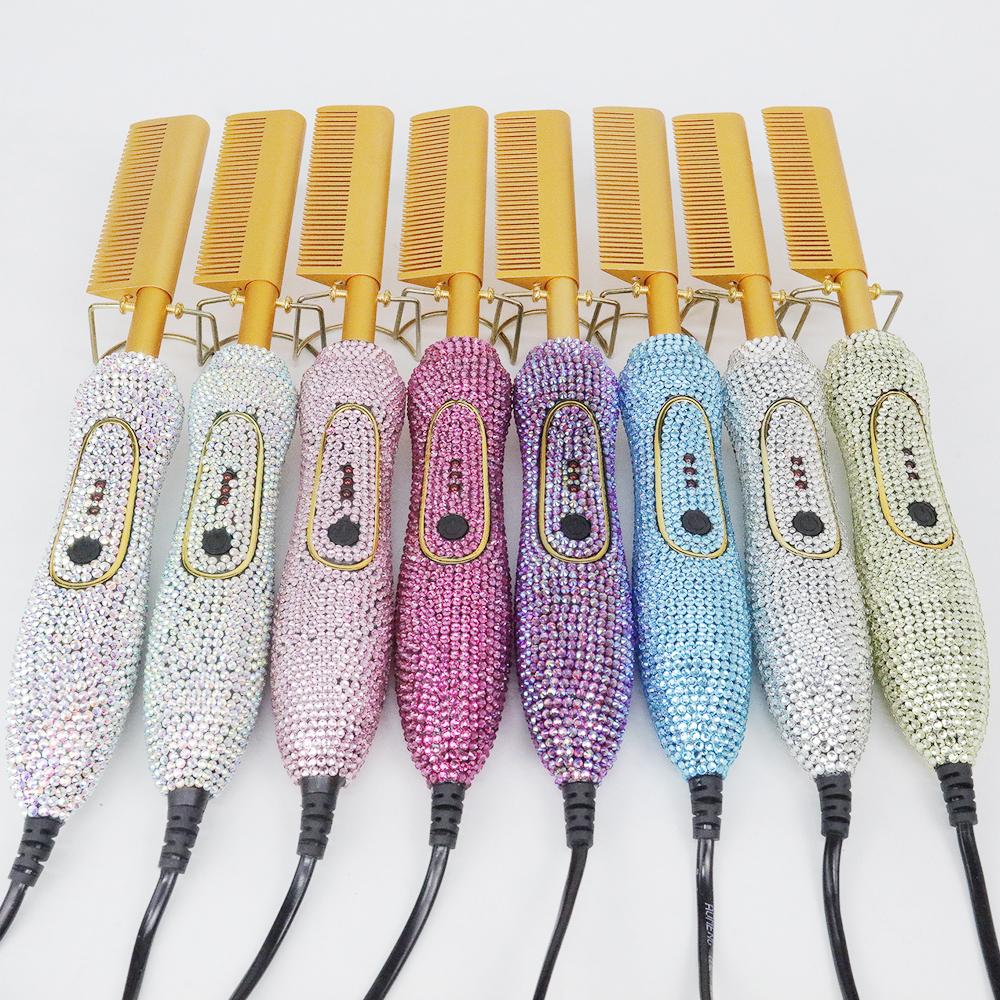 Multi-functional Luxury Custom Rhinestone Flat Travel Copper Electric Straighten Hair Straightener Brush Hot Comb