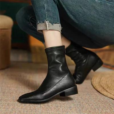 Printemps et Automne Nouvelles Petites Bottines Courtes pour la Mode Féminine Talon Bas Talon Épais Bout Carré Élastique Bottines Simples Fines