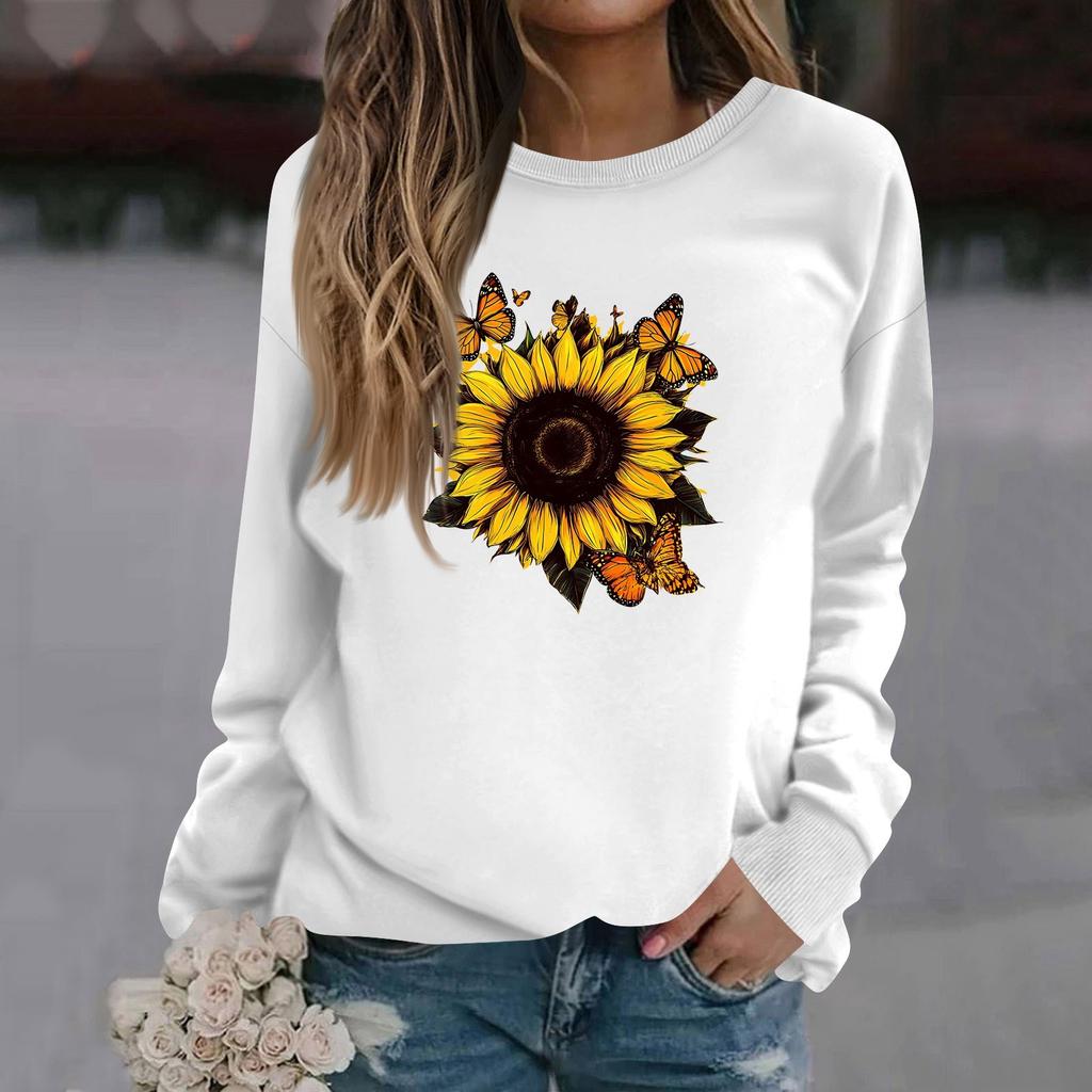 Sweat-shirt décontracté à manches longues et col rond pour femme, couleur unie, imprimé