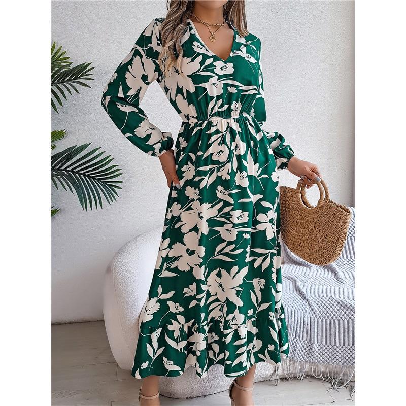 Women's V Neck Long Sleeve Floral Print Maxi Dress Casual Boho Flowy Dresses