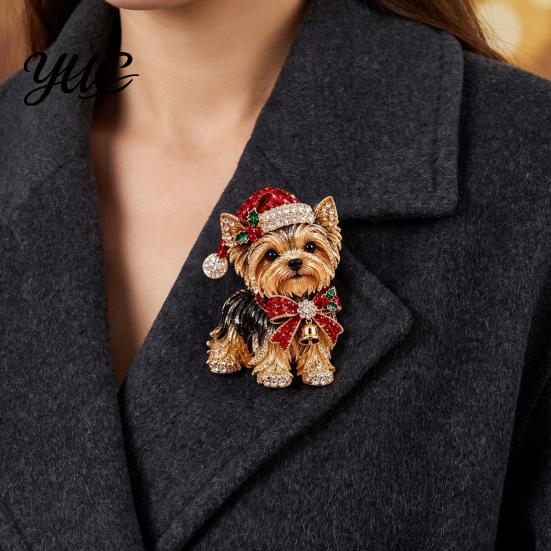 Holiday Party Accessory 1/2Pcs Christmas Yorkshire Terrier Dog Brooch, Santa Hat Puppy Lapel Pin with Rhinestones Rhinestones, Animal Badge for Coats