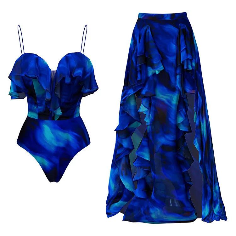 1011 European and American New Fast-selling Smudged Ruffle Leaf Edge One-piece Swimsuit Women's Vacation Suit Beach Skirt