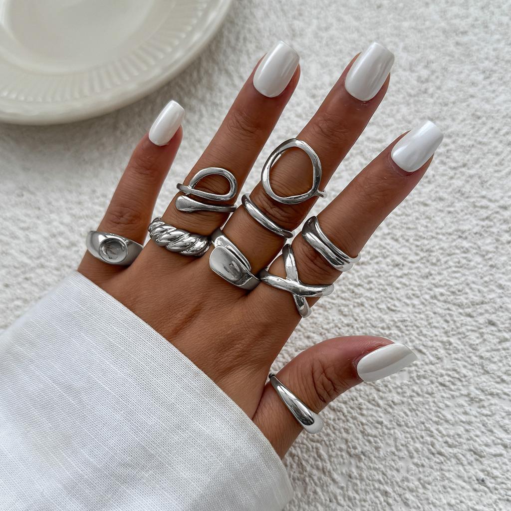 Irregular Exaggerated Punk Retro Ring Set Boho Hollow Out Jewelry Gifts Accessories for Woman Girl Geometric Metal Opening Rings Gold Silver Color