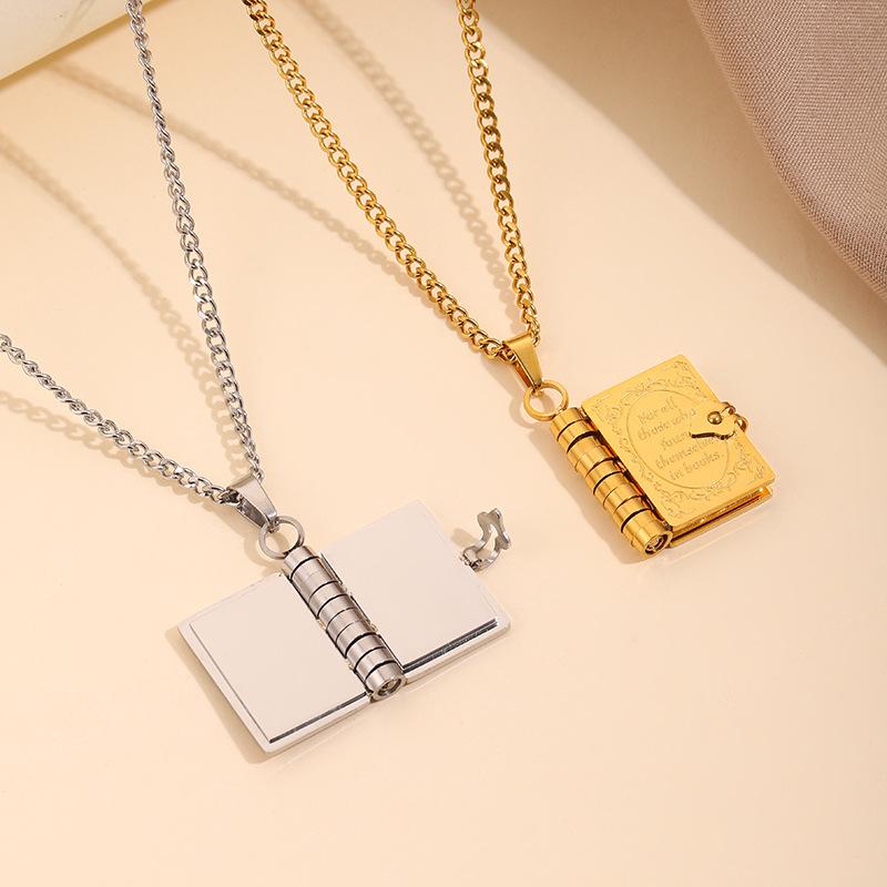 Popular titanium steel necklace, retro book can open couple collarbone chain, fashionable stainless steel necklace
