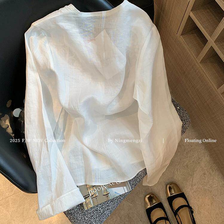 White heavy industry embroidered linen shirt top women's spring new design sense casual temperament simple shirt