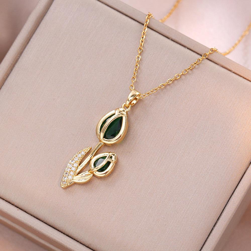  European American New Tulip Zircon Necklace High-end Real Gold Electroplating Niche Design Versatile Women Jewelry Gift