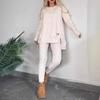 2024 Women's Casual Solid Color Round-Neck Top Set with Slit Long Sleeves for Autumn and Winter
