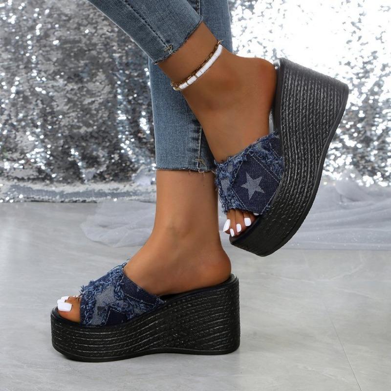 Women's Slope-heeled Slippers, Women's Denim Thick-soled Slope-heeled Slippers